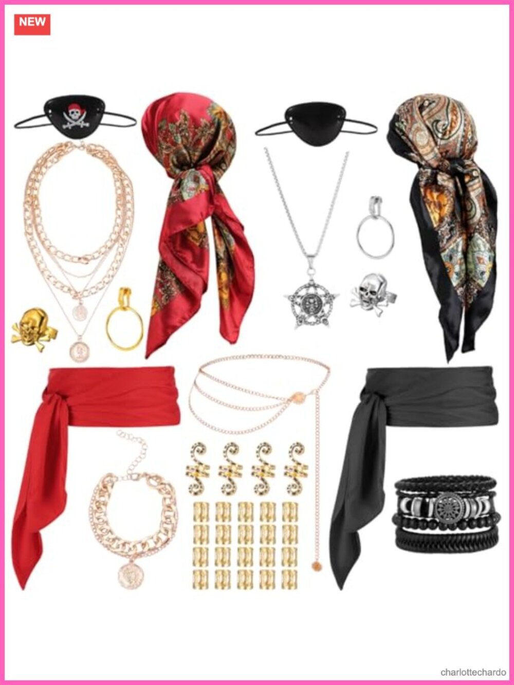 39PC Pirate Costume Accessory Set for Women - Bandanas, Belts, Eye Patches,